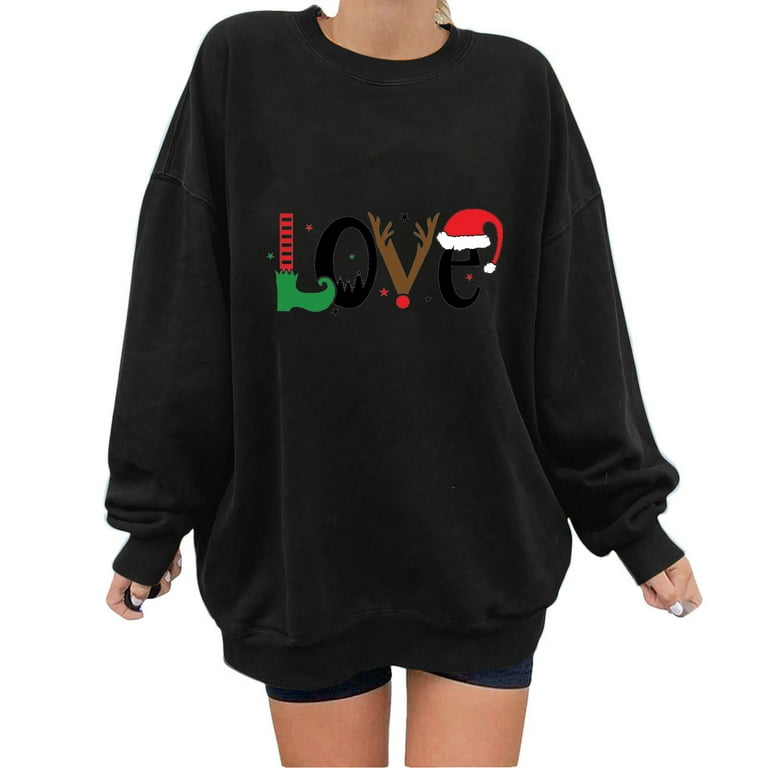 HAPIMO Savings Women's Fall Fashion Sweatshirt Round Neck Long Sleeve  Christmas Love Letter Hat Graphic Print Drop Shoulder Pullover Top Black S