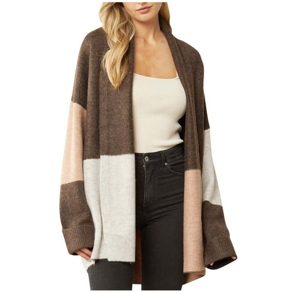 HAPIMO Women's Fall Winter Warm Open Front Trendy Color Blokc Long Sleeve Knit Ribbed Cardigan Casual Pullover Sweaters Teen Girls Clothes Coffee S