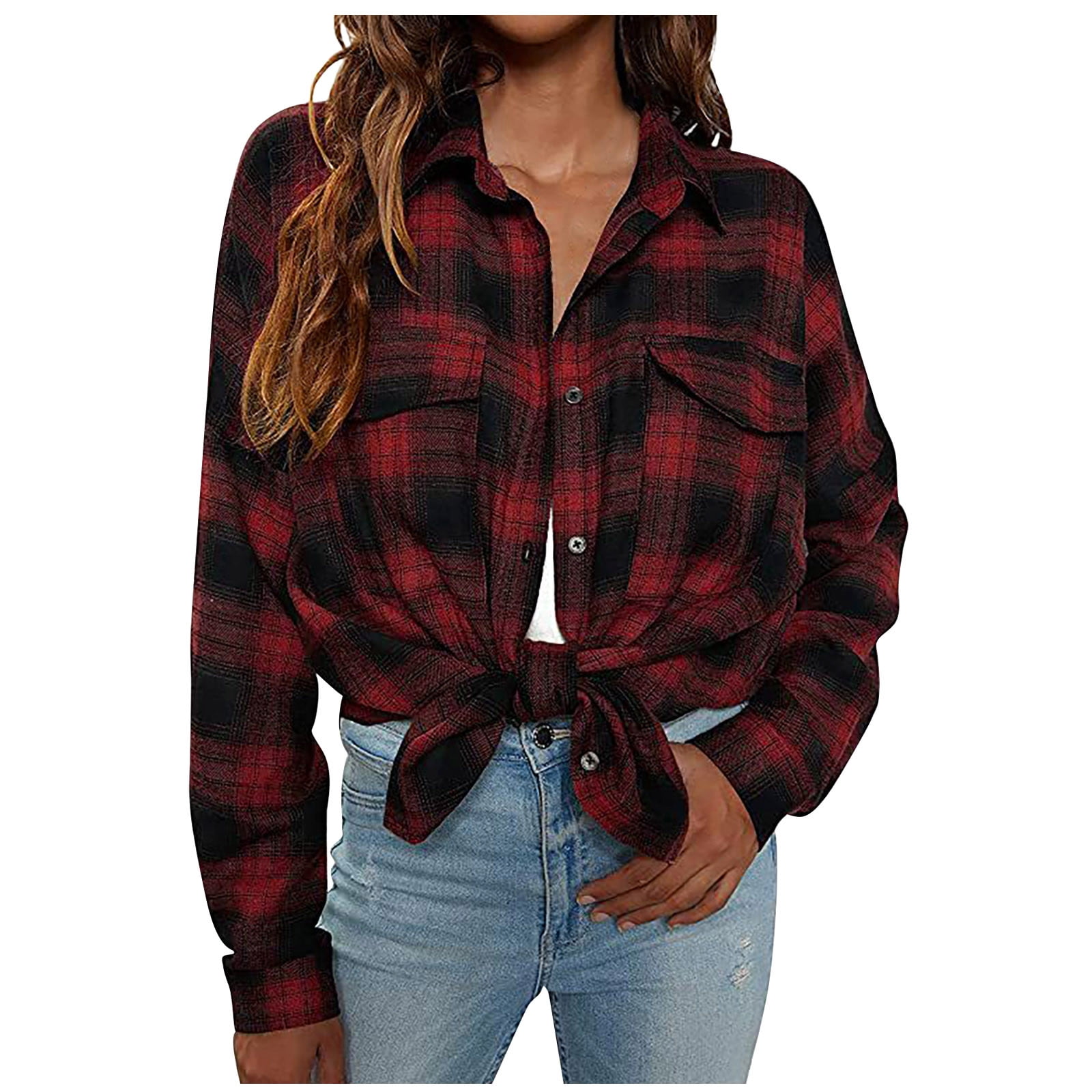 HAPIMO Savings Women's Fashion Shirts Long Sleeve Blouse Cozy Casual Pocket  Sweatshirt Button Down Lapel Pullover T-Shirt Clothes for Women Plaid Print  Tops Red S 
