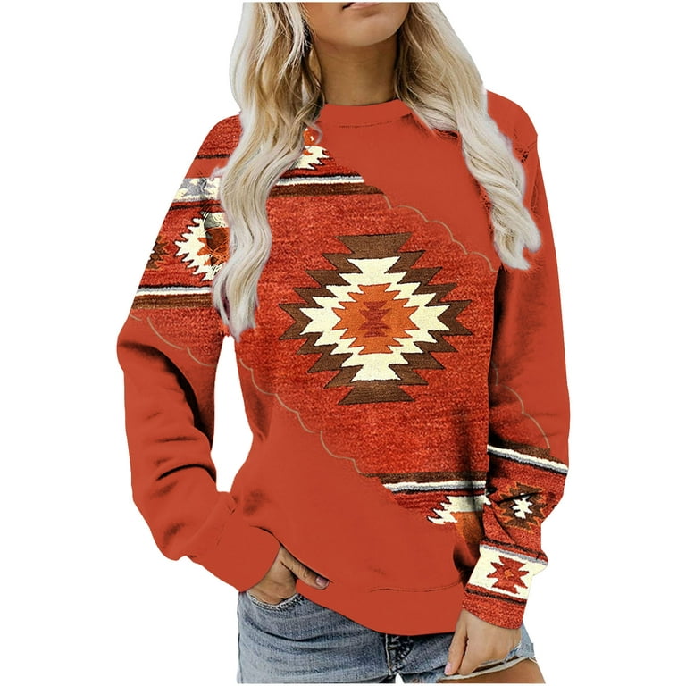 HAPIMO Savings Women's Fashion Shirts Round Neck Pullover Long Sleeve  Blouse Cozy Casual Sweatshirt T-Shirt Clothes for Women Vintage Western  Ethnic Graphic Print Tops Red L 