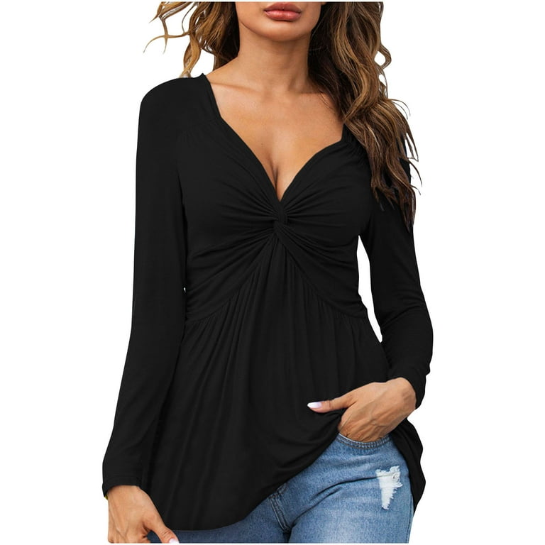 HAPIMO Savings Women's Fashion Shirts Ruched V-Neck Pullover Solid Pleat  Tunic Tops Long Sleeve Blouse T-Shirt Clothes for Women Cozy Casual  Sweatshirt Black S 