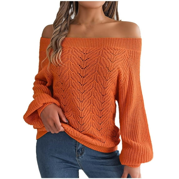 HAPIMO Women's Fashion Shirts Solid Slim Off Shoulder Tops Asymmetrical Neck Pullover Long Sleeve Blouse Cozy Casual Sweatshirt T-Shirt Clothes for Women Orange M