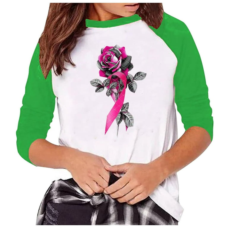 HAPIMO Savings Women's Long Sleeve Shirts Breast Cancer Awareness Print  Tops Round Neck Sweatshirt Relaxed-Fit Pullover Blouse Gifts for Women  Casual Raglan Tee Shirt Fashion Clothing Green M 