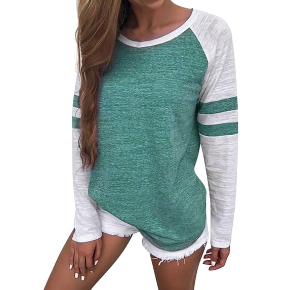 HAPIMO Savings Women's Long Sleeve Shirts Round Neck Sweatshirt Relaxed-Fit Pullover Blouse Gifts for Women Striped Color Block Print Tops Casual Tee Shirt Fashion Clothing Green L