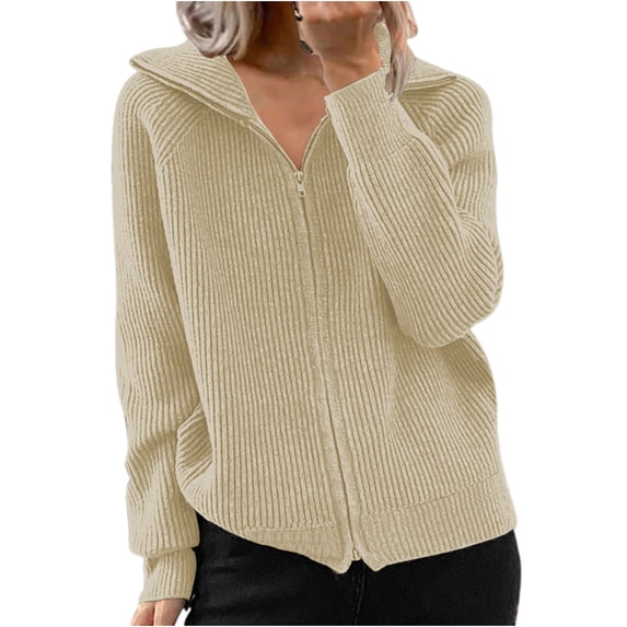 HAPIMO Women's New Autumn/Winter Striped Thread Casual Coat Loose Knit Zipper Cardigan Long Sleeve Lapel Cardigan Tops Khaki M