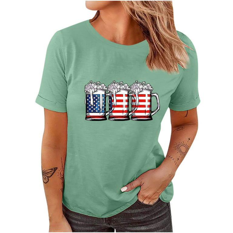 HAPIMO Savings Women's Short Sleeve Shirts Gifts for Women Casual Tee Shirt  Relaxed-Fit Pullover Blouse Fashion Clothing Crewneck Sweatshirt  Independence Day Beer Graphic Print Tops Green XL 