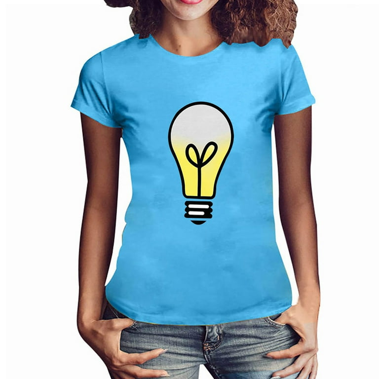 HAPIMO Savings Women's Short Sleeve Shirts Light Bulb Graphic Print Tops  Gifts for Women Fashion Clothing Casual Tee Shirt Crewneck Sweatshirt