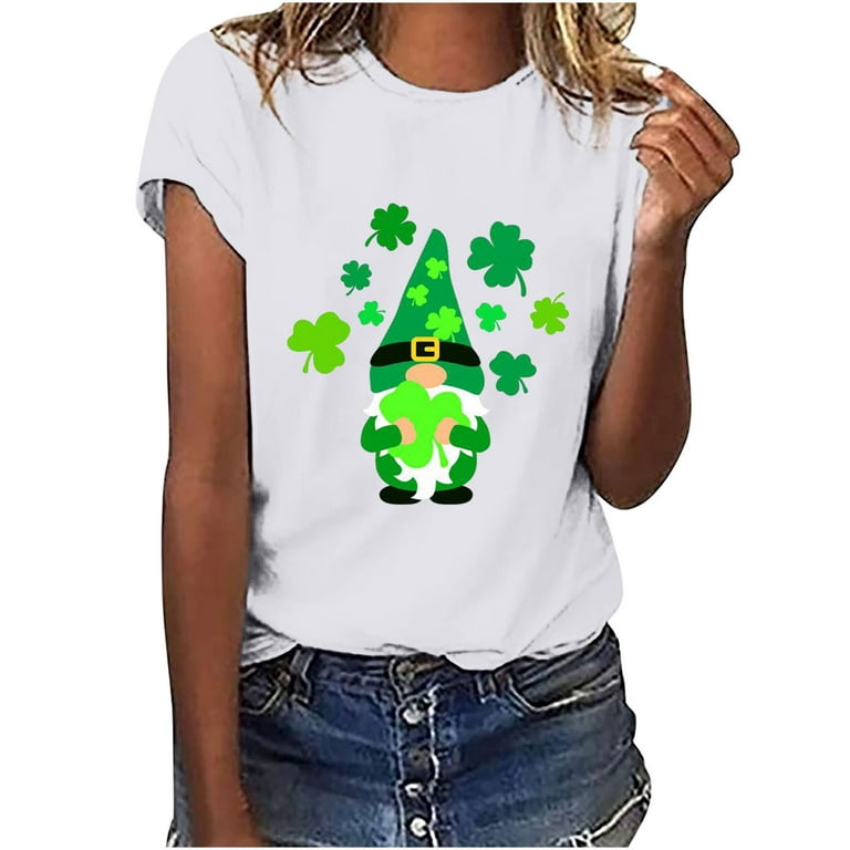 HAPIMO Savings Women's St.Patrick's Day Shirt Clover Cute Elf Graphic Print  Pullover Cozy Casual Tops Round Neck Tee Shirt Lucky Green Day Gifts Short  Sleeve Shirts for Women White L 