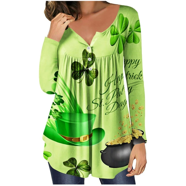 HAPIMO Savings Women's St.Patrick's Day Shirt Long Sleeve Shirts for Women  Cozy Pleat Swing Flowy Tunic Tops Lucky Green Day Gifts Clover Graphic
