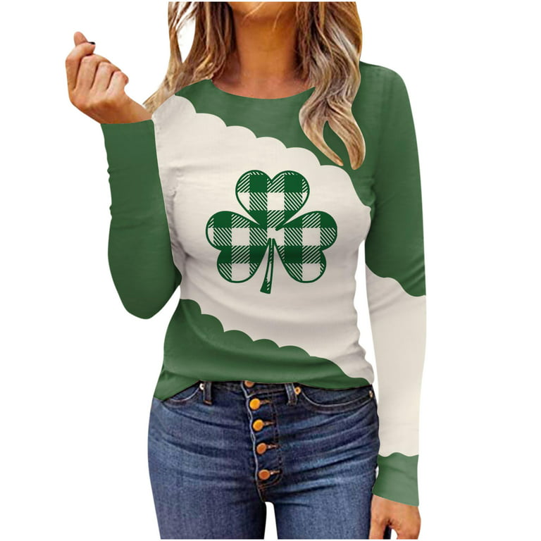 HAPIMO Savings Women's St.Patrick's Day Shirt Long Sleeve Shirts for Women  Crewneck Tee Shirt Cozy Casual Slim Tops Lucky Green Day Gifts Striped  Clover Car Graphic Print Pullover Army Green XXL 