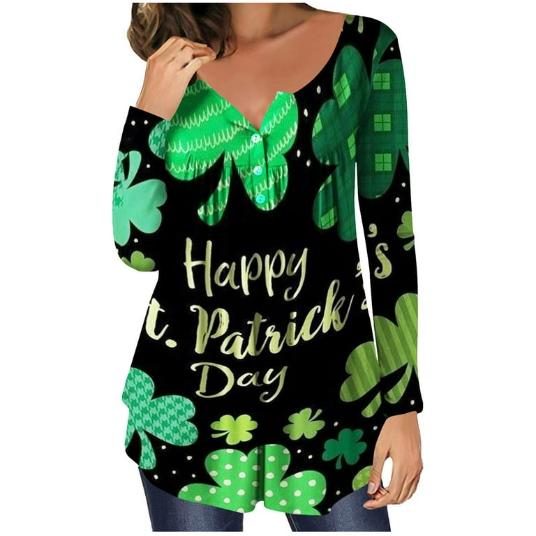 HAPIMO Savings Women's St.Patrick's Day Shirt Lucky Green Day Gifts Long  Sleeve Shirts for Women Button V-Neck Tee Shirt Clover Graphic Print  Pullover Cozy Pleat Swing Flowy Tunic Tops Black XXL 