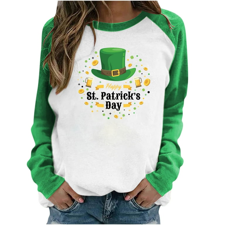 HAPIMO Savings Women's St.Patrick's Day Shirt Lucky Green Day Gifts Long  Sleeve Shirts for Women Cozy Casual Raglan Tops O Neck Tee Shirt Clover Hat  Letter Print Pullover Green XL 