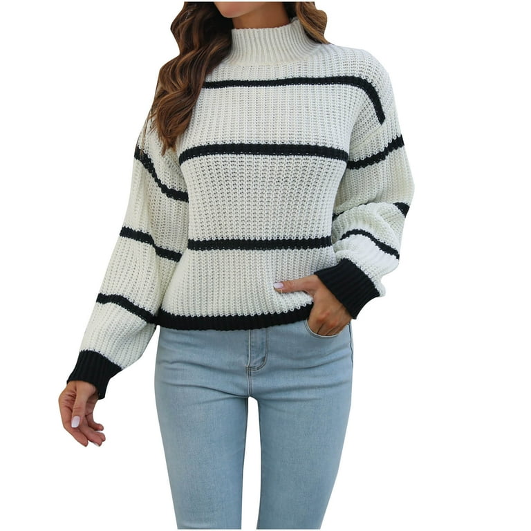 HAPIMO Savings Women's Stripe Print Sweaters Dressy Casual Long Sleeve Turtle  Neck Pullover Fall Fashion Knit Sweater Tops Teen Girls Clothes White S 