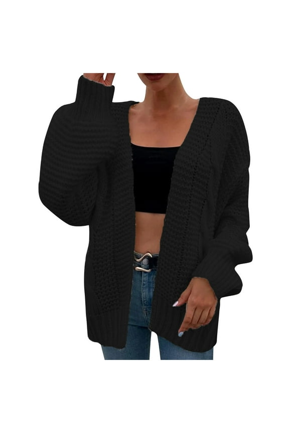 Womens Cable Knit Cardigan Casual Long Sleeve Button Down Sweaters Trendy Loose Fitness Cozy Chunky Knit Coats Teen Girls Clothes Black L