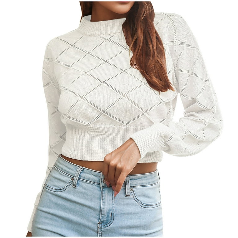 HAPIMO Savings Womens Cropped Sweaters Fall Fashion Long Sleeve Crewneck  Knitwear Solid Color Casual Jumper Pullover Sweaters for Women White S 