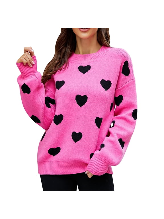 Womens Cute Heart Sweater Fall Fashion Round Neck Long Sleeve Pullover Casual Knit Ribbed Loose Fit Sweaters Teen Girls Clothes Hot Pink XL