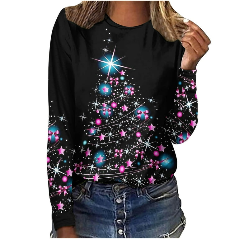 HAPIMO Savings Womens Fall Fashion Christmas Graphic Print Long Sleeve  Crewneck Raglan Pullover Tops Teen Girls Fashion Clothes Black L 