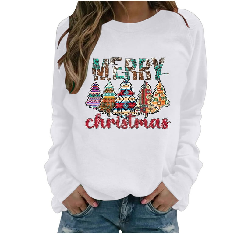 HAPIMO Savings Womens Fall Fashion Christmas Graphic Print Long Sleeve  Crewneck Raglan Pullover Tops Teen Girls Fashion Clothes White S 