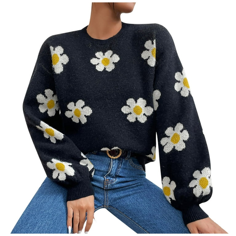 HAPIMO Savings Womens Knit Sweater Fall Fashion Floral Print Long Sleeve  Crewneck Loose Blouse Casual Kawaii Oversized Sweater Teen Girls Clothes  Black L 