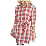 HAPIMO Discount Womens Plaid Dresses Flannel Babydoll Dress Casual Lapel Collar Tunic Dress Long Sleeve Belted Fall Dresses with Pockets Pink XL