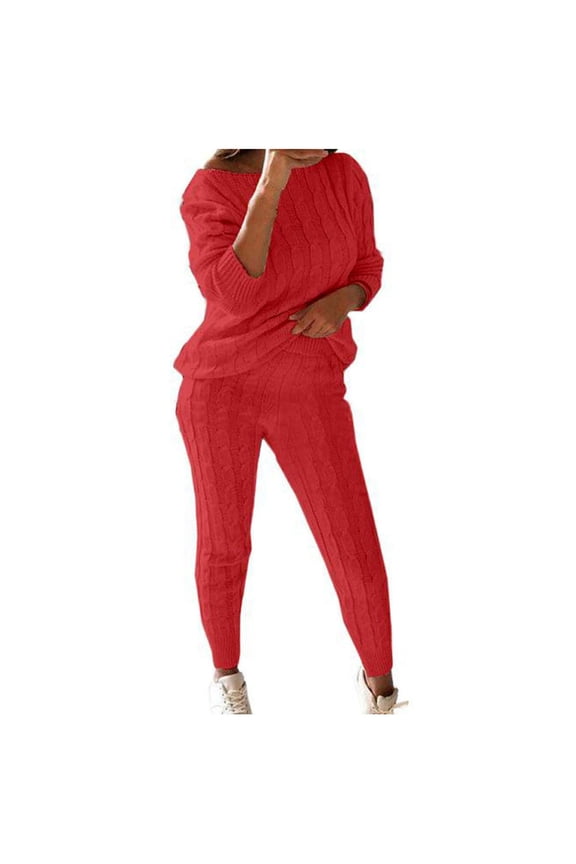 Womens Solid Color Off Shoulder Long Sleeve Cable Knitted Warm Two-Piece Long Pants Sweater Suit Set Watermelon Red S