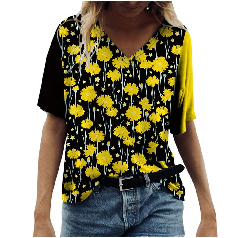 HAPIMO Savings Womens Summer Tops V-Neck Tee Shirt Teen Grils Fashion  Clothes Floral Graphic Print Short Sleeve Casual Comfy Pullover Tops Shirts  for Women Yellow XL 