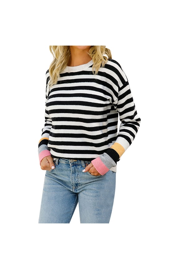 Womens Sweaters Fall Fashion Long Sleeve Crewneck Knitwear Colorblocked Casual Jumper Striped Pullover Sweaters for Women Black XL