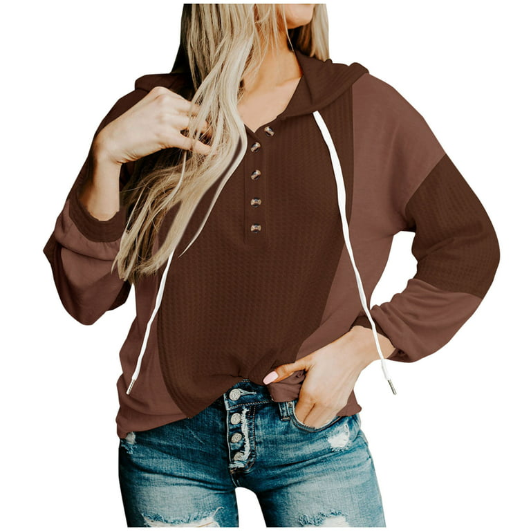 HAPIMO Savings Womens Sweatshirt Long Sleeve Casual Color Patchwork Button  Hooded Pullover Tops Drawstring Hoodies Sweatshirt Womens Fall Fashion