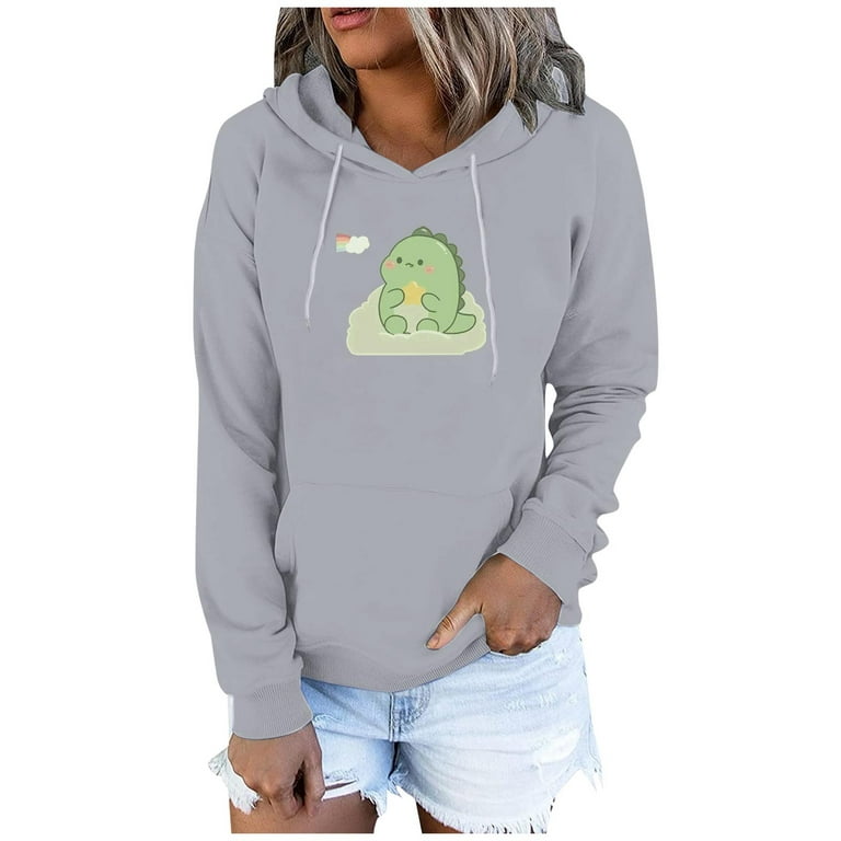 HAPIMO Savings Womens Sweatshirt Long Sleeve Cute Dinosaur Graphic Print  Sweatshirt Plush Hooded Pullover Tops Pocket Drawstring Casual Womens Fall  Fashion Clothes Gray XL 