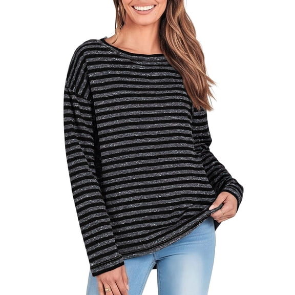HAPIMO Shirts for Women Tunic Tops Loose Casual Shirts Long Sleeve Crewneck Shirts Striped Pullover Tops Black M