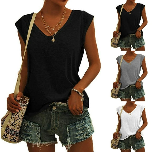 HAPIMO Shirts for Women V-Neck Tee Shirt Solid Color Casual Comfy Pullover Tops Teen Grils Fashion Clothes Soft Cap Sleeve Womens Summer Tops Gray L