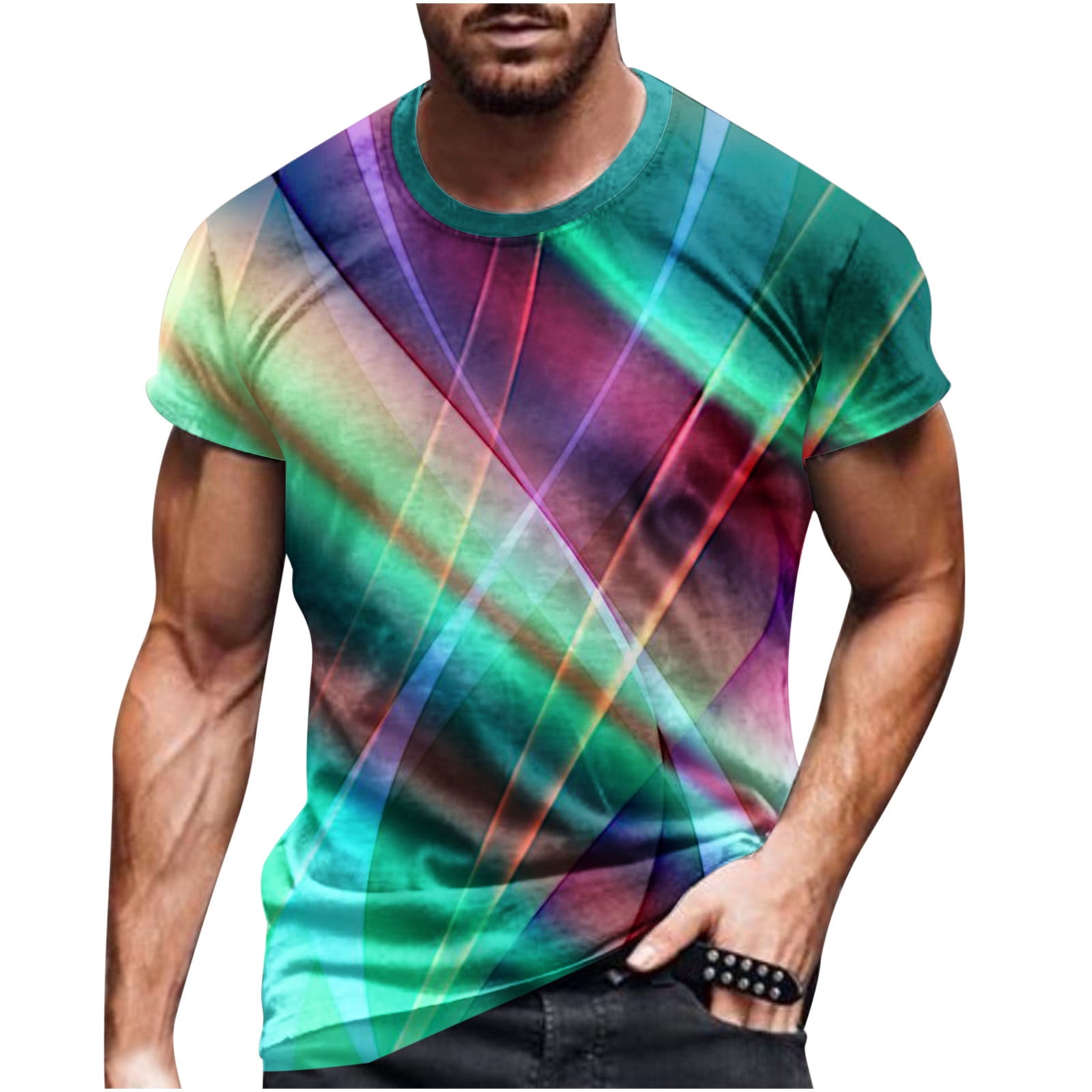 HAPIMO Short Sleeve T-Shirt for Men Lines 3D Digital Graphic Print Blouse  Men's Summer Shirts Round Neck Fashion Tops Casual Slim Fit Tee Clothes  Mint Green XXL 