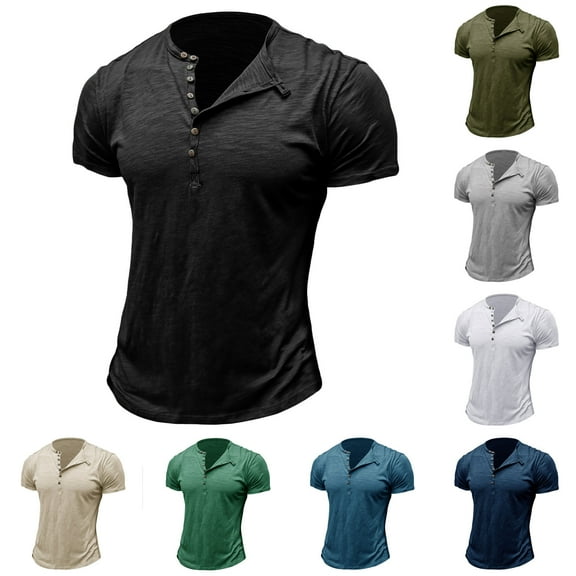 HAPIMO Slim Basic Pullover for Men Holiday Fashion Tees Solid Color Teens Tops Short Sleeve Quarter Button Activewear Casual Workout Summer Army Green L