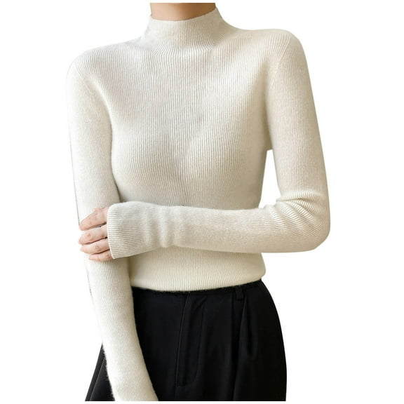 HAPIMO Slim Wool Sweater Women Fall Winter Warm Knitted Pullover High Neck Long Sleeve Sweater Basic Tops Stretch White XXL