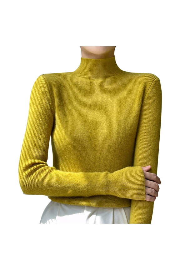 Slim Wool Sweater Women Fall Winter Warm Knitted Pullover High Neck Long Sleeve Sweater Basic Tops Stretch Yellow S
