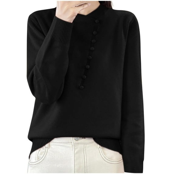 HAPIMO Slim Wool Sweater Women Fall Winter Warm Knitted Pullover Mockneck Long Sleeve Sweater Basic Tops Stretch Button Black L