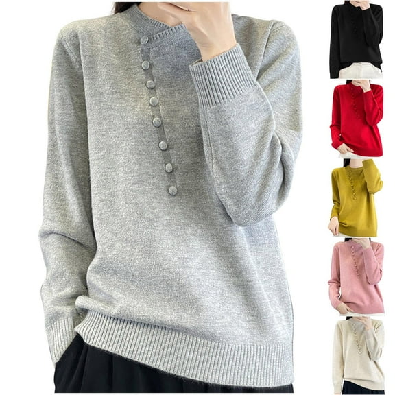 HAPIMO Slim Wool Sweater Women Fall Winter Warm Knitted Pullover Mockneck Long Sleeve Sweater Basic Tops Stretch Button Beige L