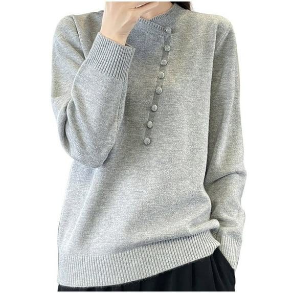 HAPIMO Slim Wool Sweater Women Fall Winter Warm Knitted Pullover Mockneck Long Sleeve Sweater Basic Tops Stretch Button Gray XL