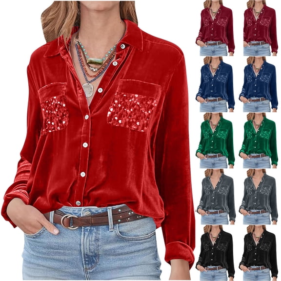 HAPIMO Soft Comfy Velvet Sequin Tops for Women Long Sleeve Button Lapel Shirts Loose Sparkly Party Blouses Elegant Casual Office Tops Green M