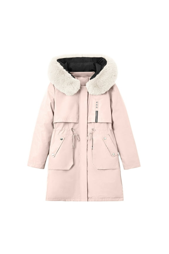 Solid Color Mid Length Detachable Hooded Jacket with Plush Loose Fit Waist And Feather Cotton Down for It All Jacket Womens Coat Winter Workout Beige XXXXL