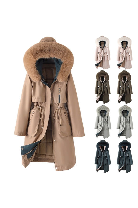 Solid Color Mid Length Detachable Hooded Jacket with Plush Loose Fit Waist And Feather Cotton Down for It All Jacket Womens Coat Winter Workout Green L