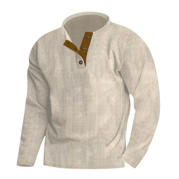 HAPIMO Solid Color Western Loose Pullover Big Men's Long Sleeve Tops Aztec Cowboy Sweatshirts Quarter Button Shirts Casual Vintage Slim Corduroy Tees for Men Beige M