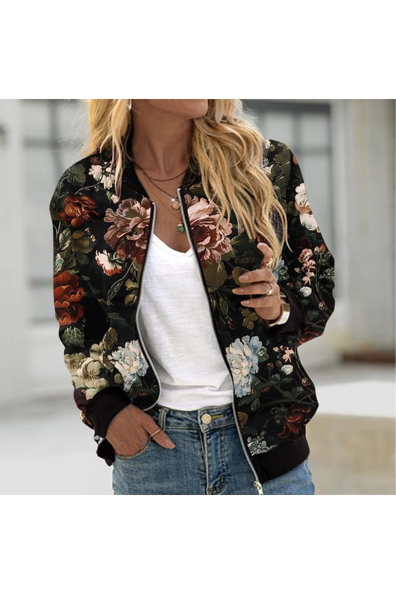 Stylish Floral Print Jackets for Women Zip Up Jacket Long Sleeve Stand Collar Jacket Daily Casual Jacket Lightweight Fall Outerwear Black L