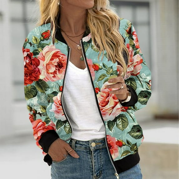 HAPIMO Stylish Floral Print Jackets for Women Zip Up Jacket Long Sleeve Stand Collar Jacket Daily Casual Jacket Lightweight Fall Outerwear Blue M