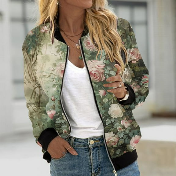 HAPIMO Stylish Floral Print Jackets for Women Zip Up Jacket Long Sleeve Stand Collar Jacket Daily Casual Jacket Lightweight Fall Outerwear Green S