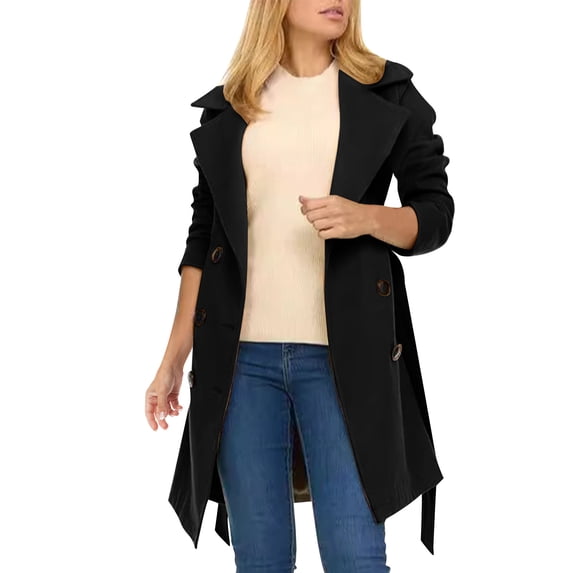 HAPIMO Stylish Long Trench Coat Women Casual Lapel Jacket Long Sleeve Loose Jacket Solid Double Breasted Jacket Coat Fall Winter Trendy Overcoat Black XL