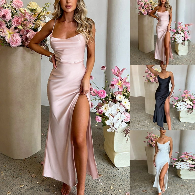 HAPIMO Summer Ankle Bodycon Cami Dress for Women Sale Solid Color Satin Fit Beach Holiday Scoop Neck Sundress for Girls Cocktail Formal Side Split