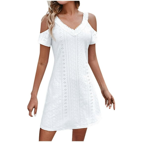 HAPIMO Summer Above Knee Eyelet Dress for Women Sale Floral Print Boho Beach Fit Cold Shoulder Sleeve Scoop Neck Sundress for Girls Elegant Leisure Relaxed Vintage Holiday White S