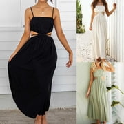 Summer Maxi A Line Cami Dress for Women Sale Solid Color Holiday Sleeveless Boho Beach Fit Square Neck Sundress for Girls Vintage Waist Hollow Out Beige L