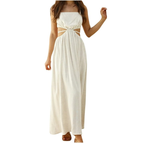 HAPIMO Summer Maxi A Line Cami Dress for Women Sale Solid Color Holiday Sleeveless Boho Beach Fit Square Neck Sundress for Girls Vintage Waist Hollow Out Beige M